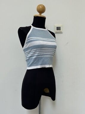 Brandy Melville Striped Knit Crop Halter Top ~ blue and white